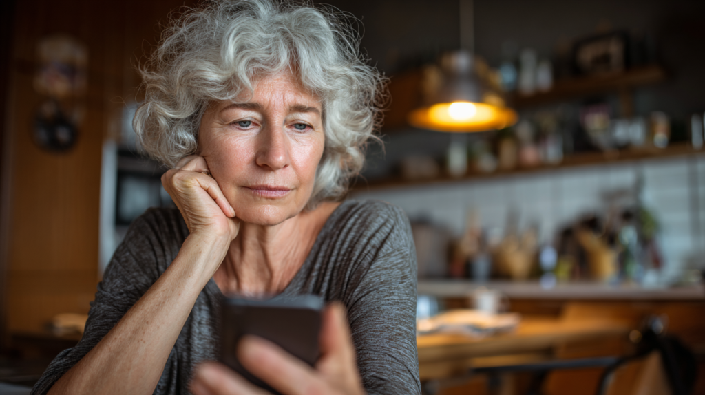 Older adult sitting at a table looking at her phone.