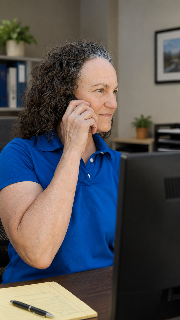 Evette Eickelmann holding a mobile phone while talking to a Medicare beneficiary.